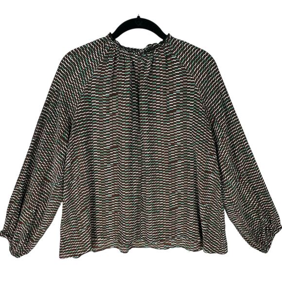 Apiece Apart Silk Blouse Top Womens Size 4 Brown Green White Geometric Print LS - Picture 1 of 8